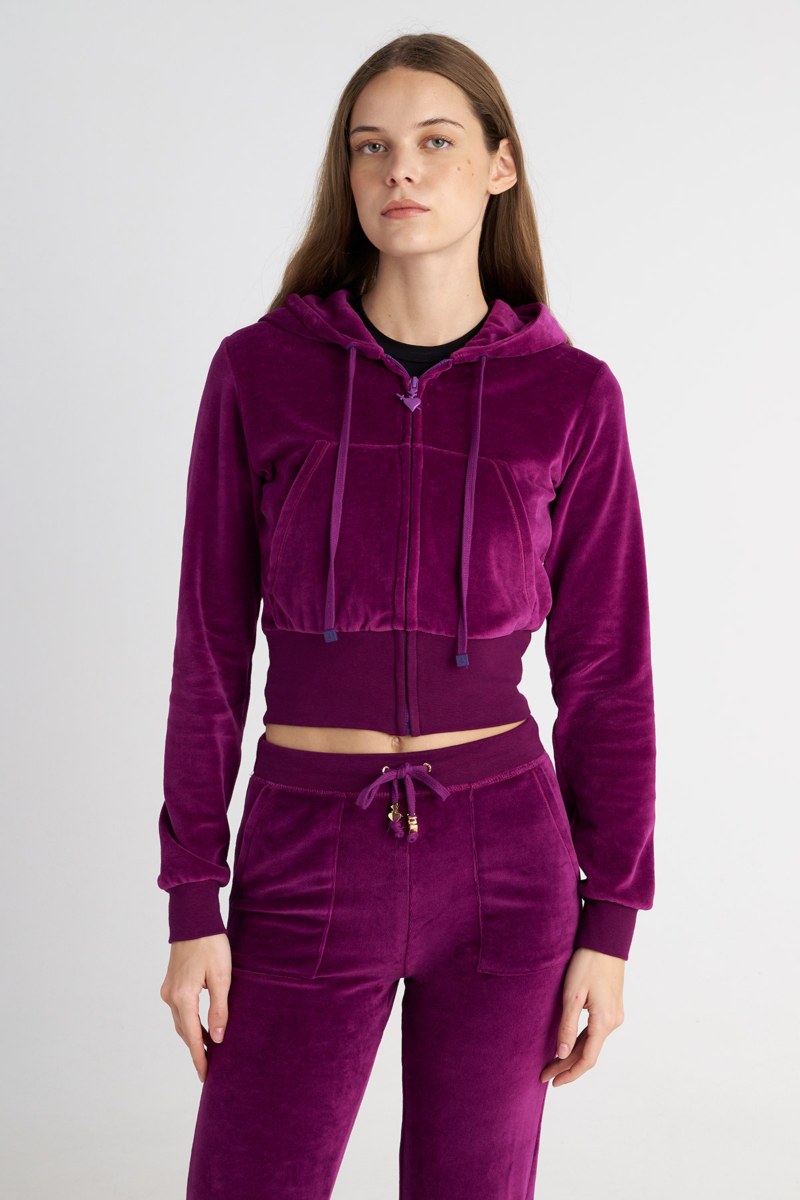 CROPPED HOODED VELOUR JACKET WITH STRASS ON THE HOOD AND BACK-25833177-824