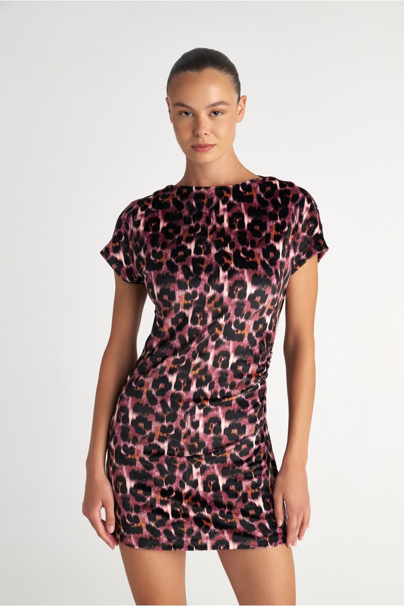 LEOPARD PRINTED SHORT-SLEEVED SUPER SOFT VELOUR MINI DRESS-25834170-828