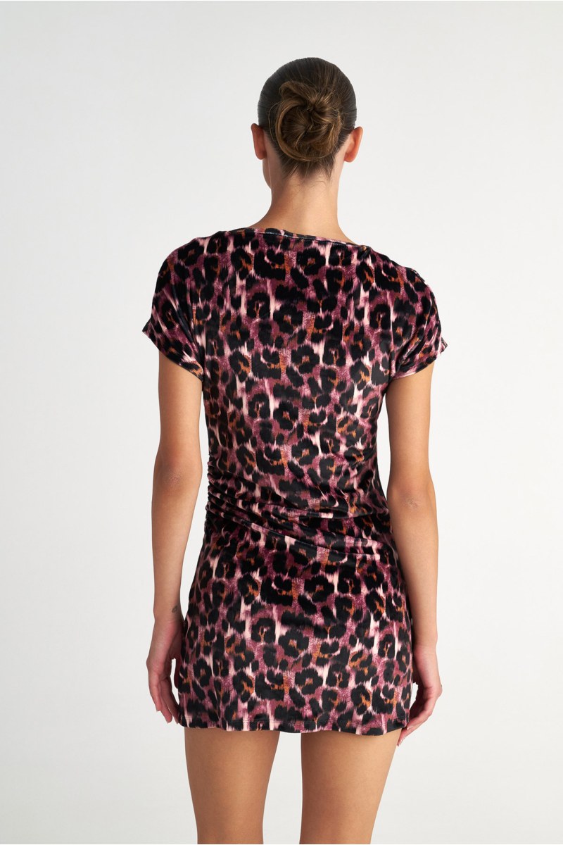 LEOPARD PRINTED SHORT-SLEEVED SUPER SOFT VELOUR MINI DRESS-25834170-828