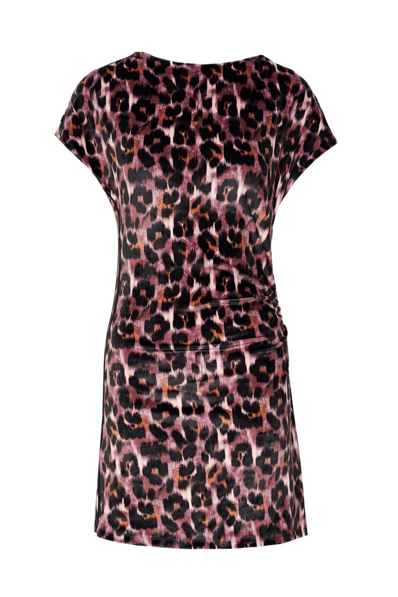LEOPARD PRINTED SHORT-SLEEVED SUPER SOFT VELOUR MINI DRESS-25834170-828