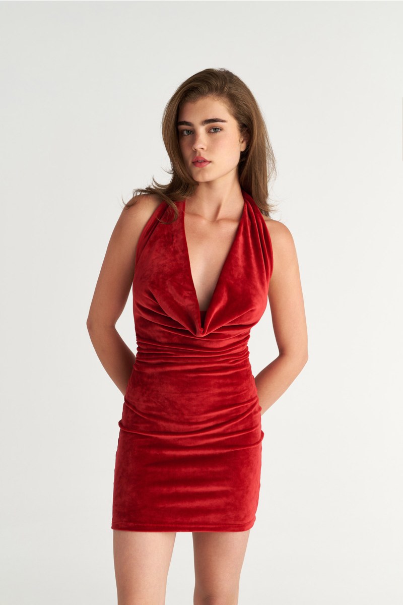 SUPER SOFT VELOUR DRAPED HALTER MINI DRESS-25834171-632