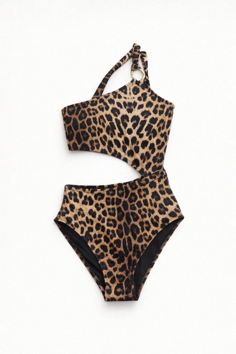 LEOPARD PRINTED ONE SHOULDER ONEPIECE SWIMSUIT-26804007-331