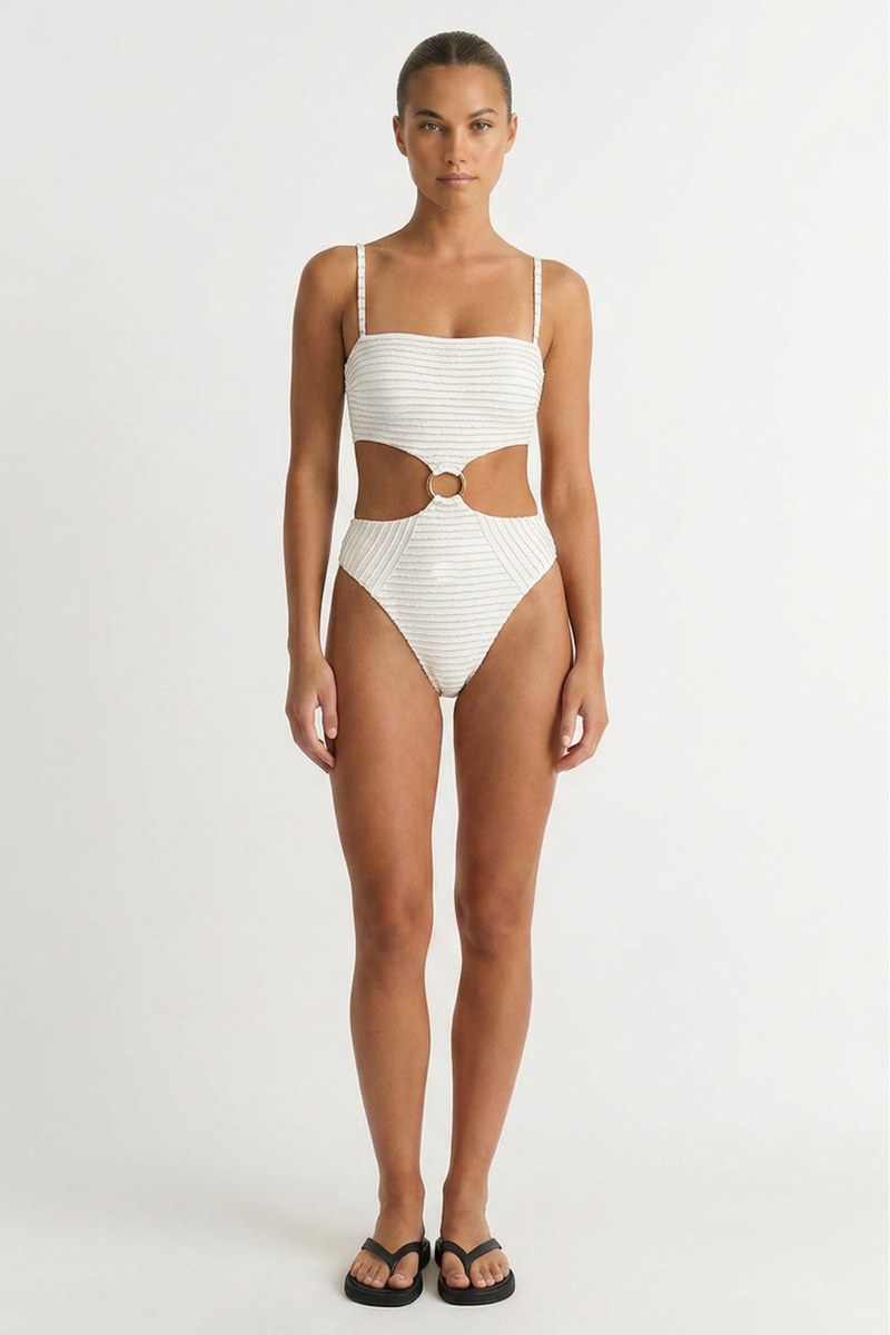 STRIPED STRAPLESS ONEPIECE SWIMSUIT WITH GOLD THREAD DETAIL-26804123-102