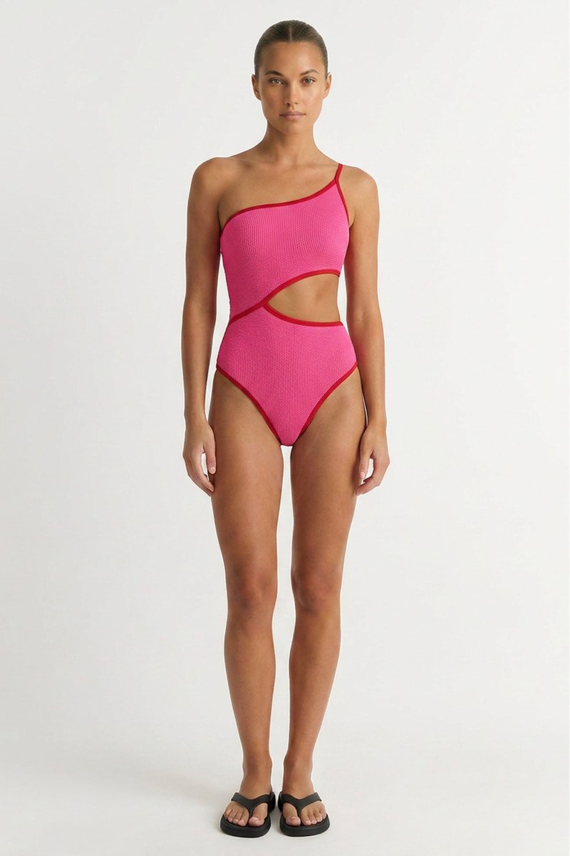 TWO-TONE CRINKLED ONE SHOULDER ONEPIECE SWIMSUIT-26804137-629