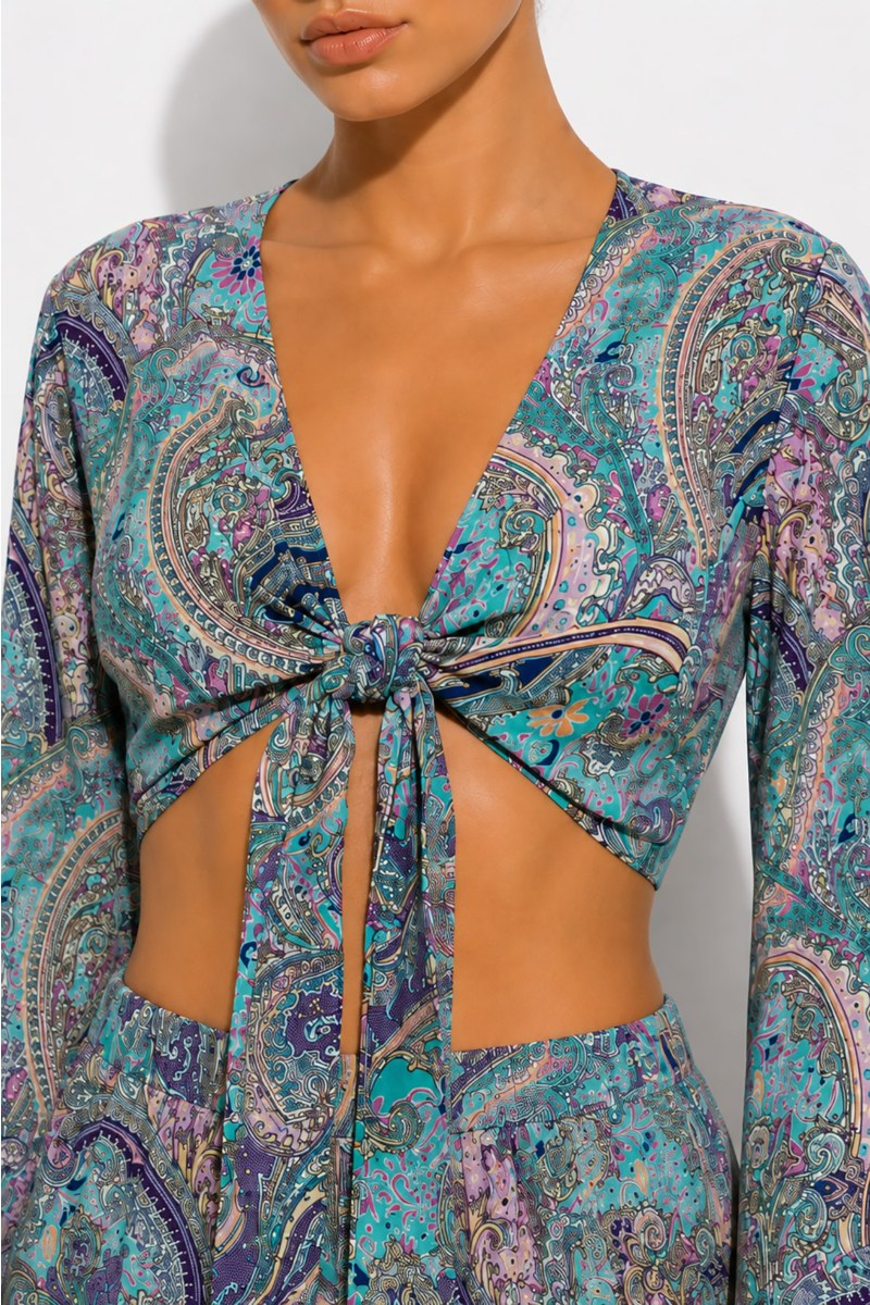 PRINTED LONG-SLEEVED SATIN SHIRT WITH FRONT TIE DETAIL-26806040-937