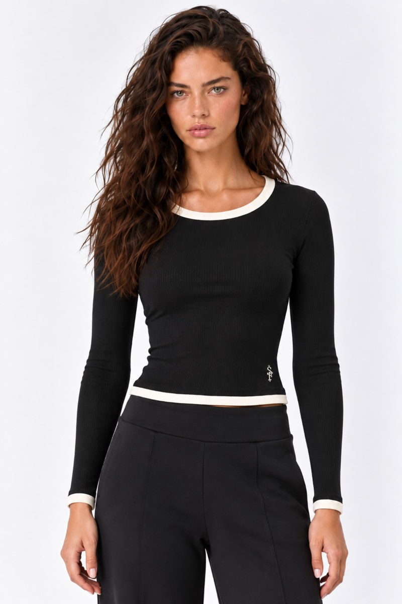 TWO-TONE LONG SLEEVED COTTON RIBBED TOP-26832154-110