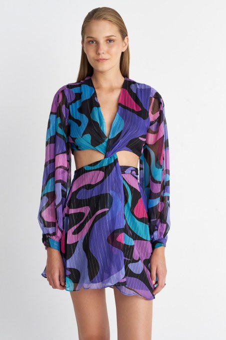 MULTICOLOR PRINTED LONG-SLEEVED MINI DRESS-23805095-622