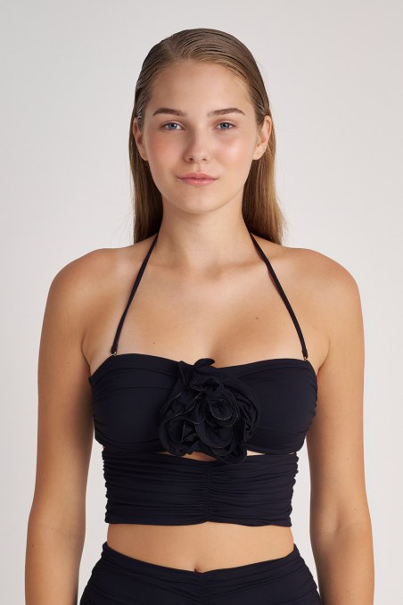 STRAPLESS BIKINI CROPPED TOP WITH FLORAL CORSAGE DETAIL-24801535-110