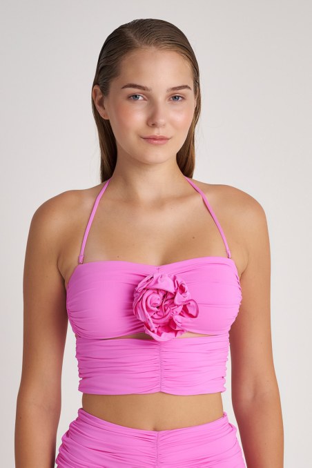 STRAPLESS BIKINI CROPPED TOP WITH FLORAL CORSAGE DETAIL-24801535-800