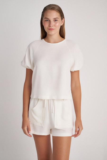 PUFF SLEEVES MONOCHROME LINEN TOP-24812151-102