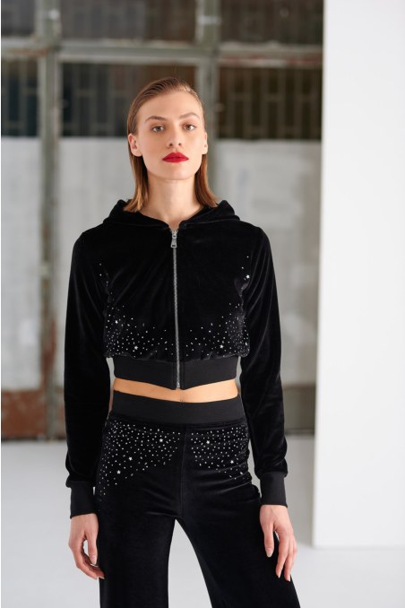 HOODED VELOUR CROPPED JACKET WITH STRASS EMBELLISHMENT-24833272-110