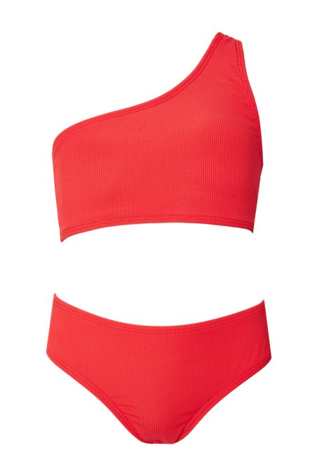 ONE SHOULDER STYLE MONOCHROME RIBBED BIKINI SET FOR TEENS-25616157-631