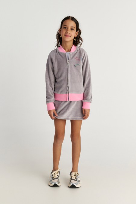 TWO-TONE STYLED VELOUR JACKET/SKIRT SET FOR GIRLS WITH STRASS EMBELLISHMENT AND RAINBOW ZIPPER-25638037-205