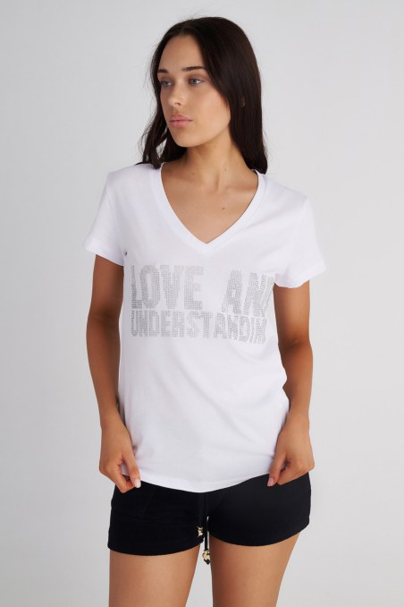 STRASS EMBELLISHED COTTON T-SHIRT WITH 'V' NECKLINE-25812284-102