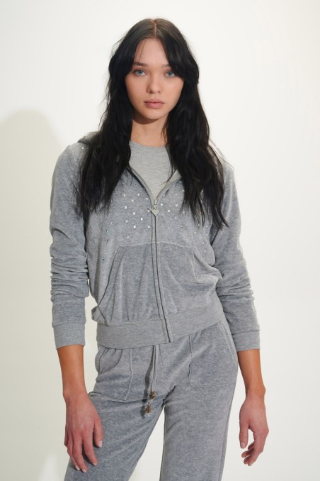 SPARKLING STRASS EMBELLISHED VELOUR HOODED JACKET-25813008-211