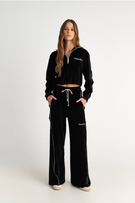 CONTRAST PIPING VELOUR FLARED PANTS-25831184-110