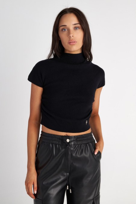 SHORT-SLEEVED MONOCHROME KNITTED TOP-25832062-110