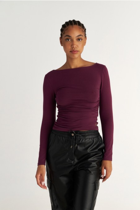 MONOCROME LONG-SLEEVED GATHERED COTTON TOP-25832087-855