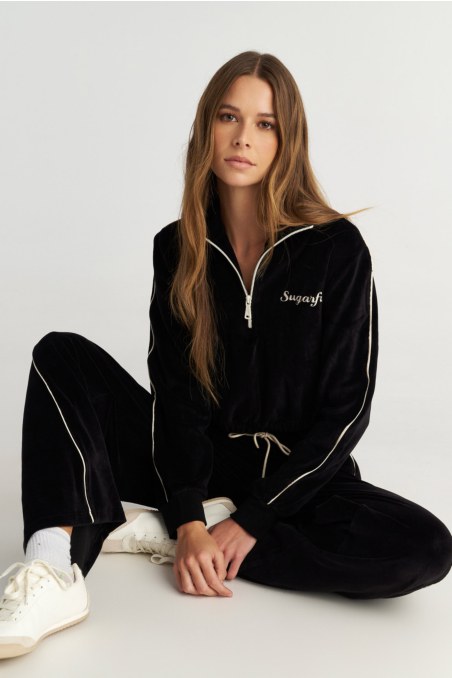 CONTRAST PIPING HALF-ZIP VELOUR CROPPED SWEATSHIRT-25832184-110