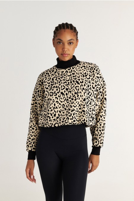 CROPPED COTTON TURTLENECK SWEATSHIRT WITH LEOPARD PRINT-25832206-108