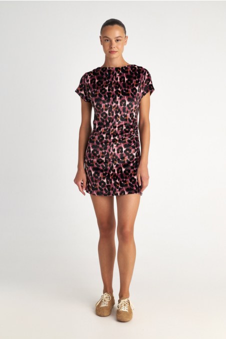LEOPARD PRINTED SHORT-SLEEVED SUPER SOFT VELOUR MINI DRESS-25834170-828