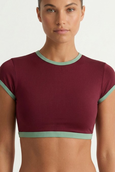 SHORT-SLEEVED TWO-TONE SWIMWEAR CROP BIKINI TOP-26801116-970