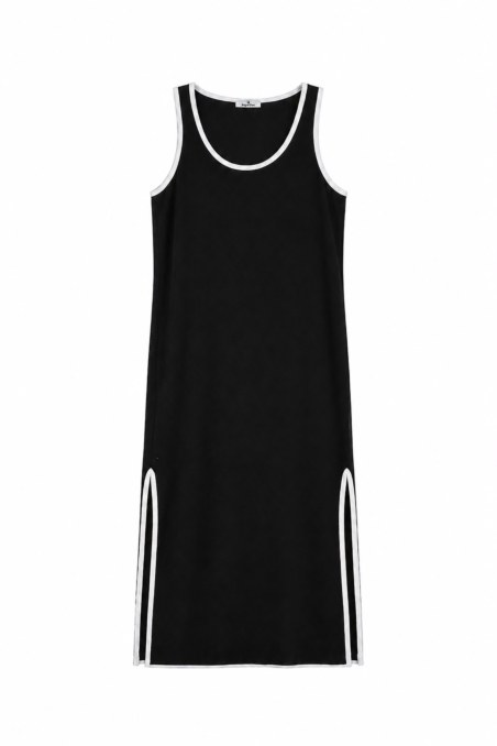 CONTRAST PIPING MIDI TERRY DRESS WITH SIDE SLIT-26814103-110