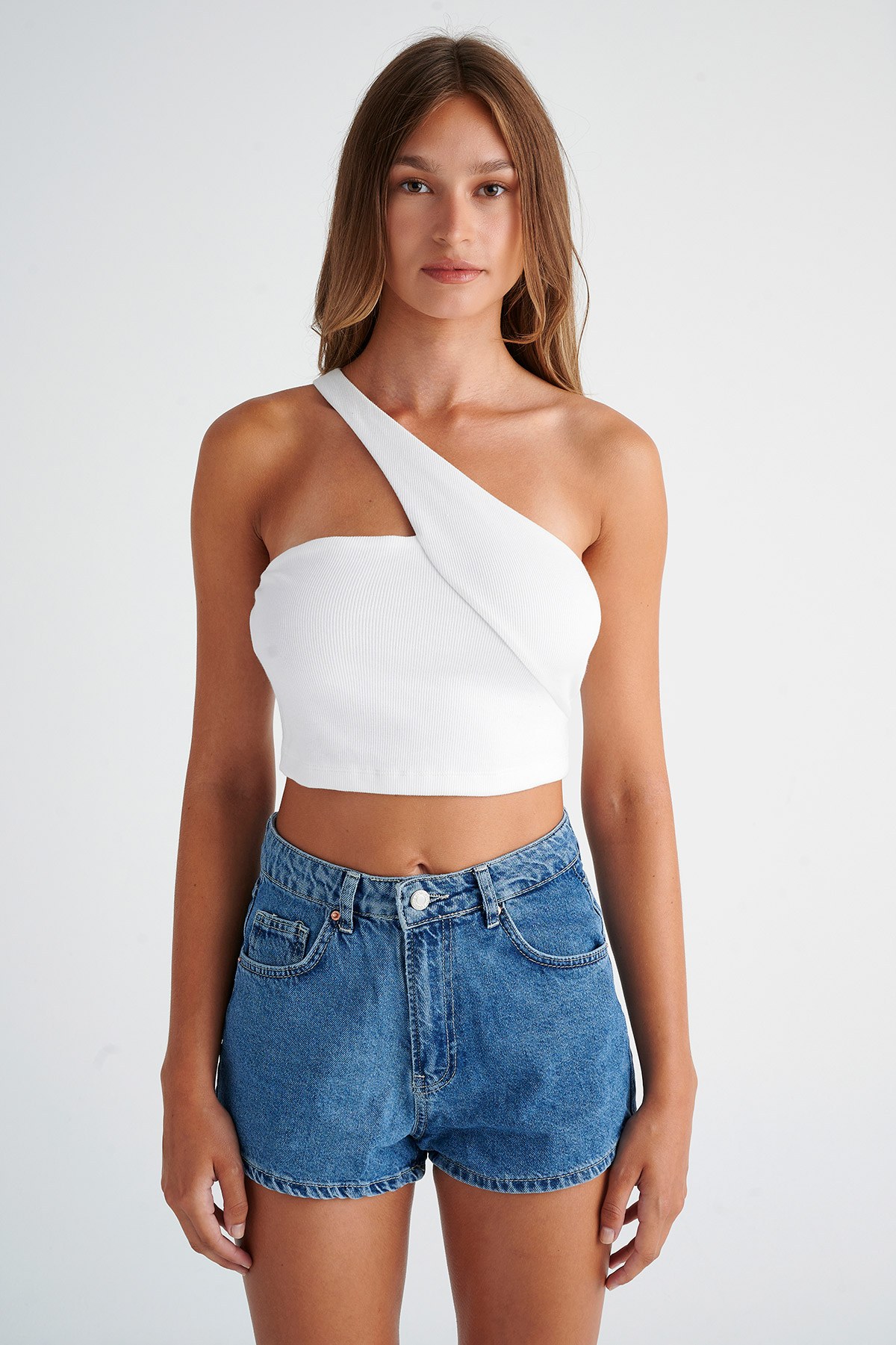 ONE SHOULDER CROPPED RIBBED TOP- Sugarfreeshops.com